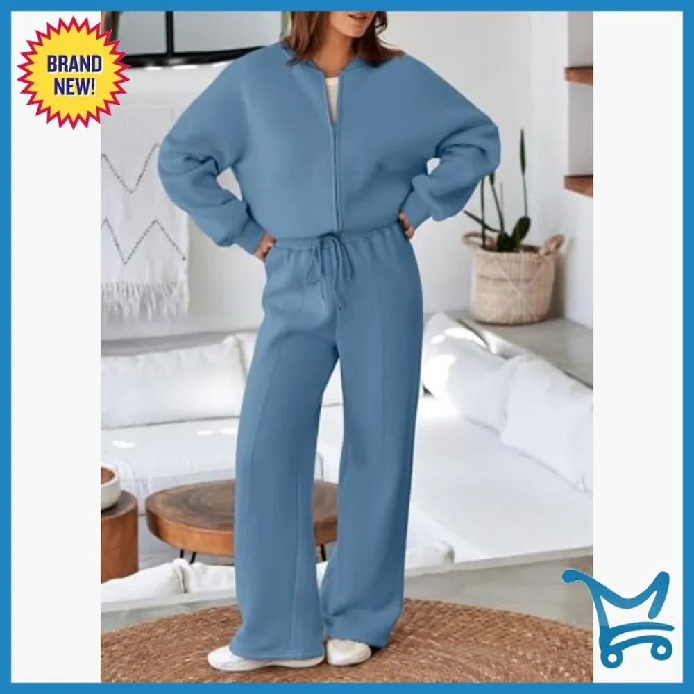 Oversized Fleece Sweatsuit Set Zip Up Hoodie Wide Leg Joggers